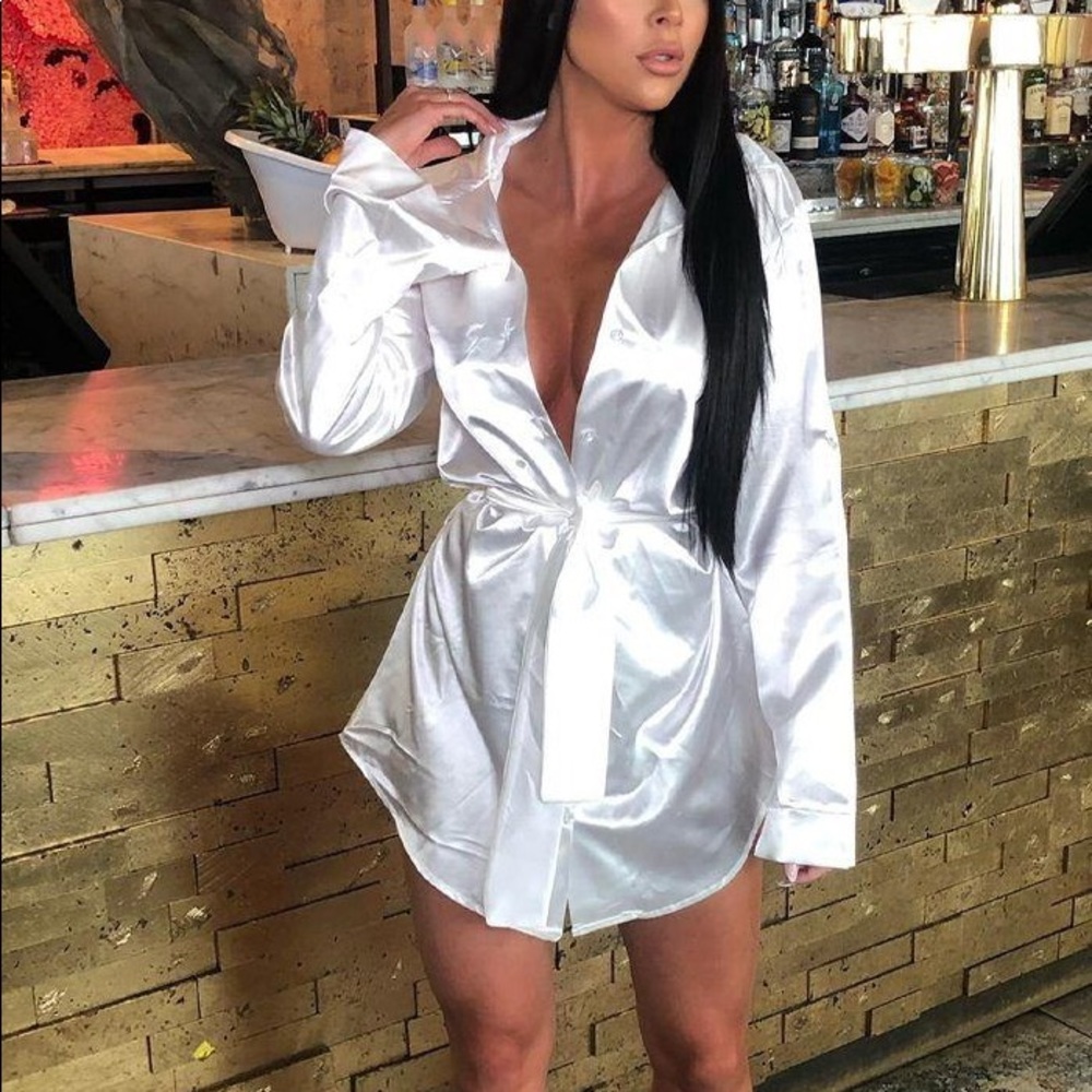 FEMME LUXE White Satin Button Tie Front Shirt Dress